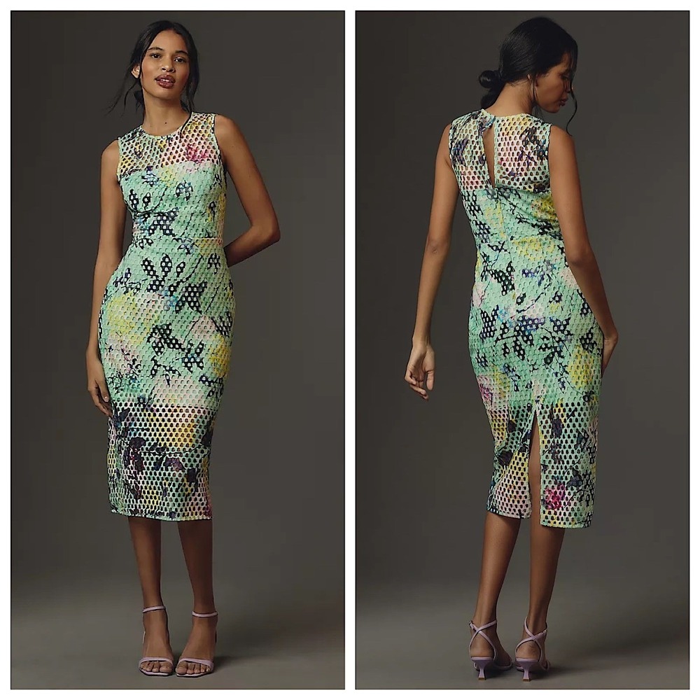 ML Monique Lhuillier Nora Sleeveless Sheath Dress Womens 10 Green Mesh Laser Cut